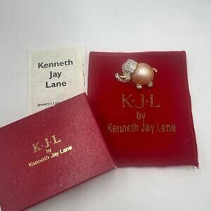 Kenneth Jay Lane Vintage Clear Rhinestone Faux Pearl Belly‎ Elephant Brooch New